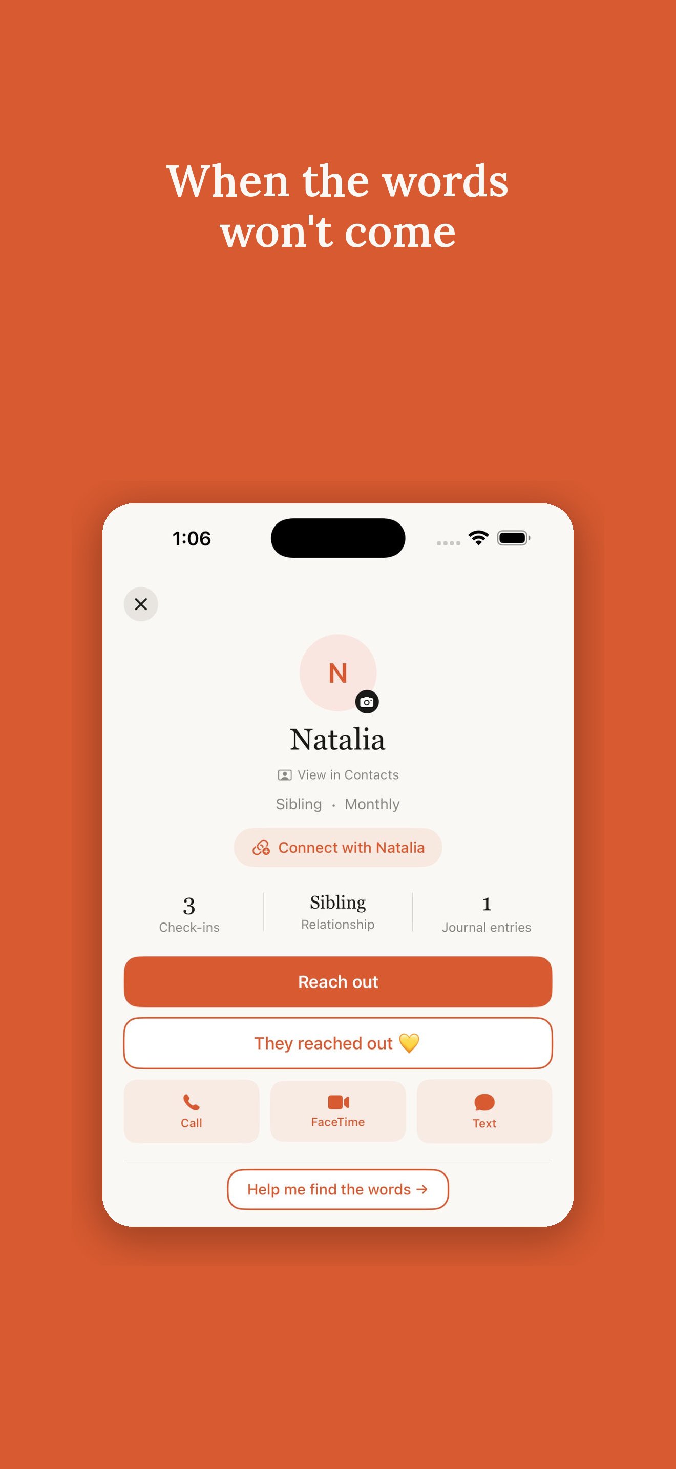 An Akin contact profile with the Help me find the words button